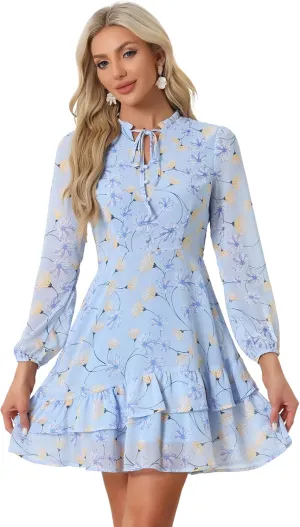 Allegra K Women's Summer Dresses 2025 Floral Tie V Neck Semi Sheer Long Sleeve Layered Tiered Chiffon Mini Dress