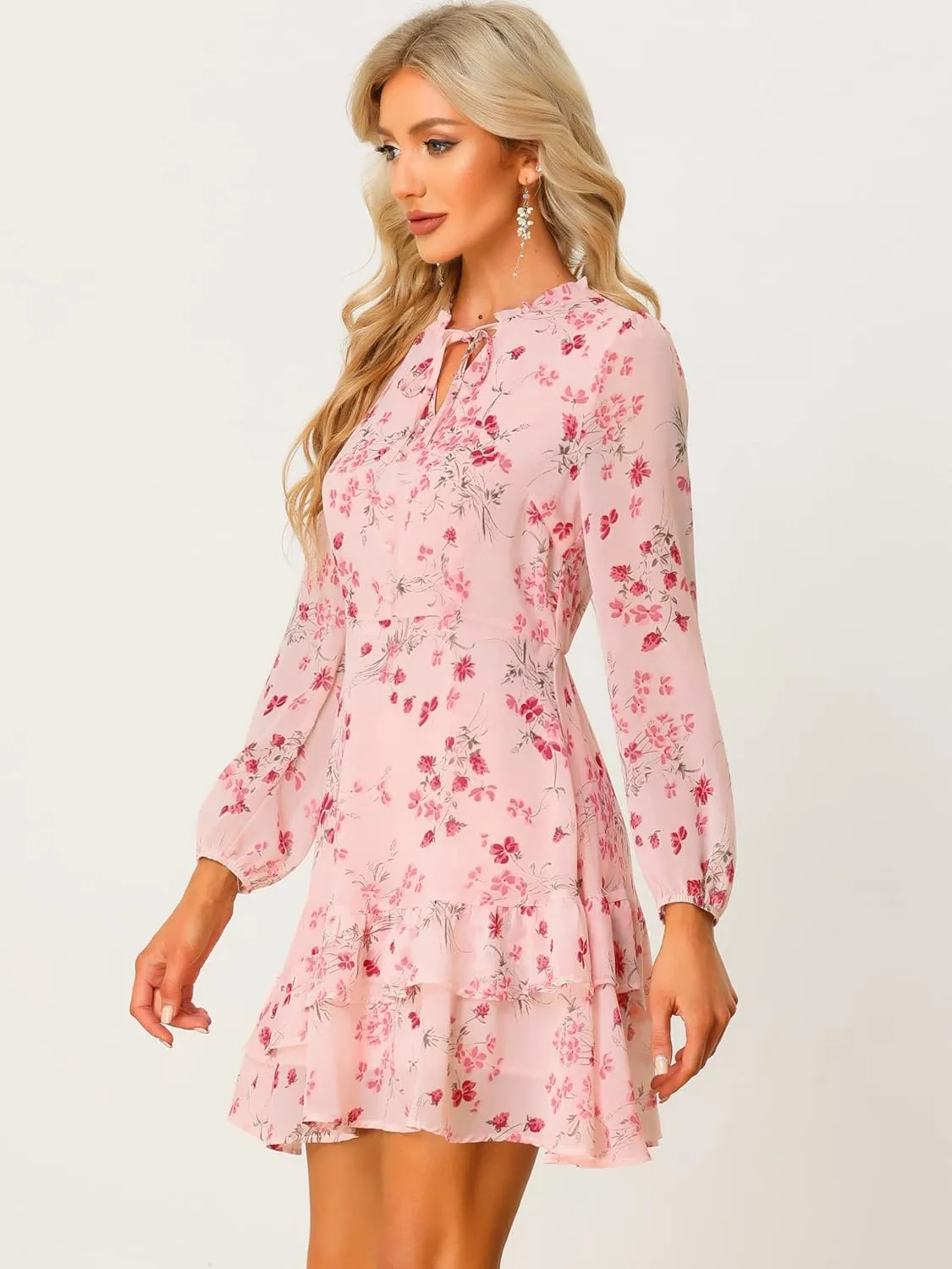 Allegra K Women's Summer Dresses 2025 Floral Tie V Neck Semi Sheer Long Sleeve Layered Tiered Chiffon Mini Dress