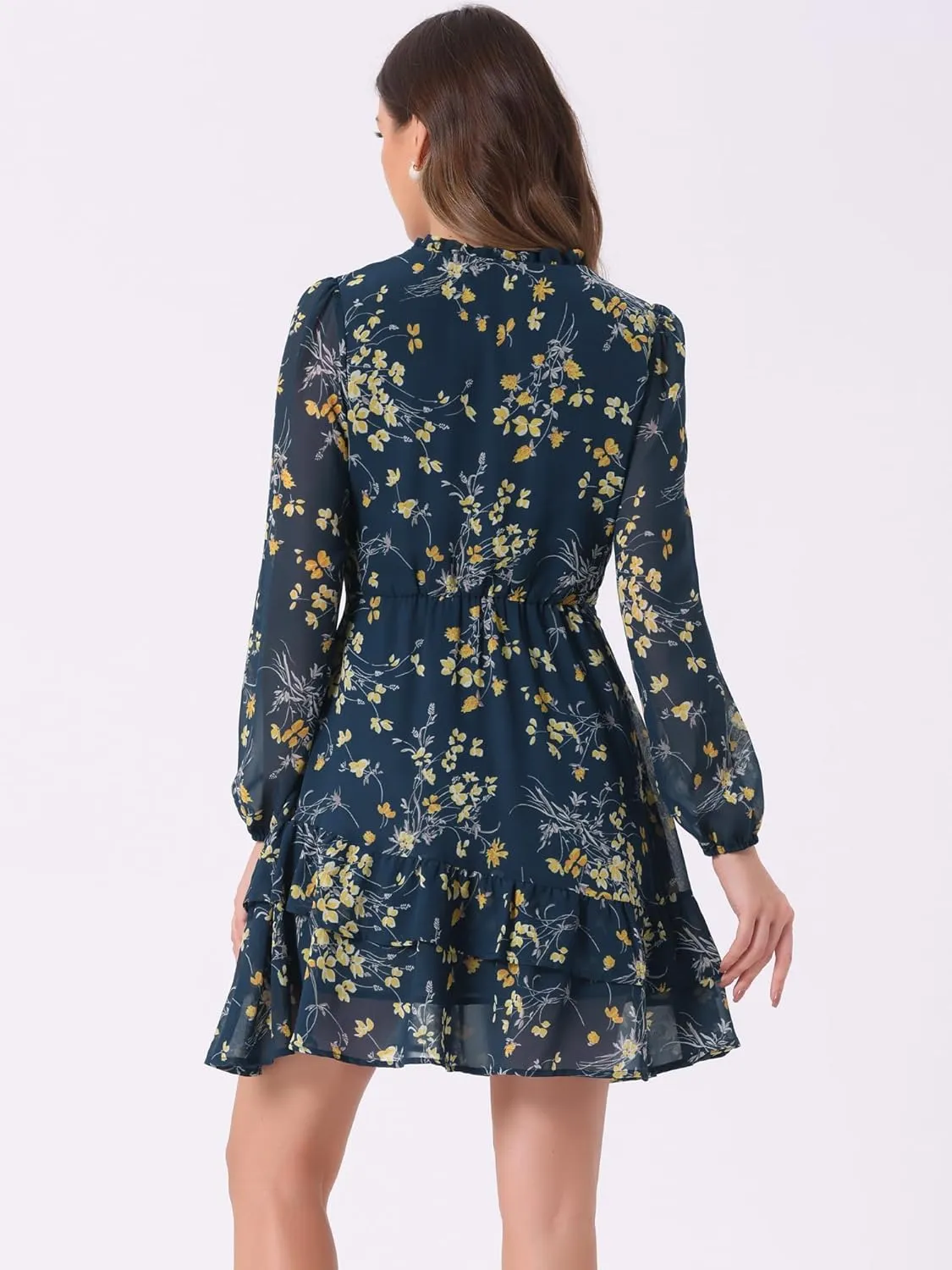 Allegra K Women's Summer Dresses 2025 Floral Tie V Neck Semi Sheer Long Sleeve Layered Tiered Chiffon Mini Dress