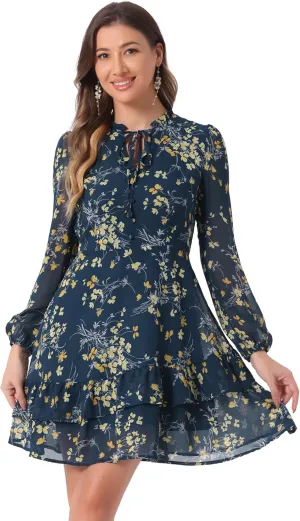 Allegra K Women's Summer Dresses 2025 Floral Tie V Neck Semi Sheer Long Sleeve Layered Tiered Chiffon Mini Dress
