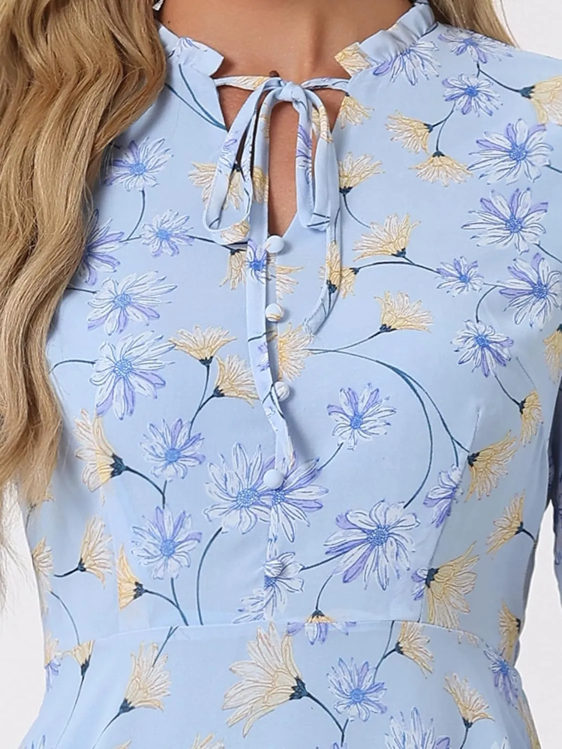 Allegra K Women's Summer Dresses 2025 Floral Tie V Neck Semi Sheer Long Sleeve Layered Tiered Chiffon Mini Dress