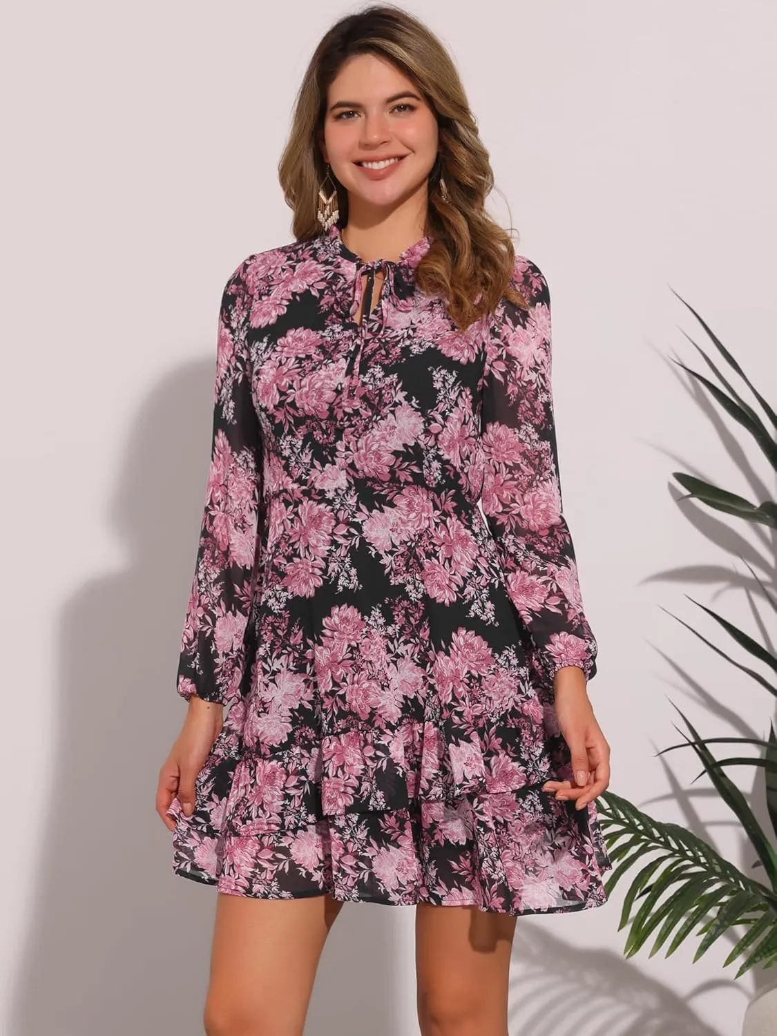 Allegra K Women's Summer Dresses 2025 Floral Tie V Neck Semi Sheer Long Sleeve Layered Tiered Chiffon Mini Dress