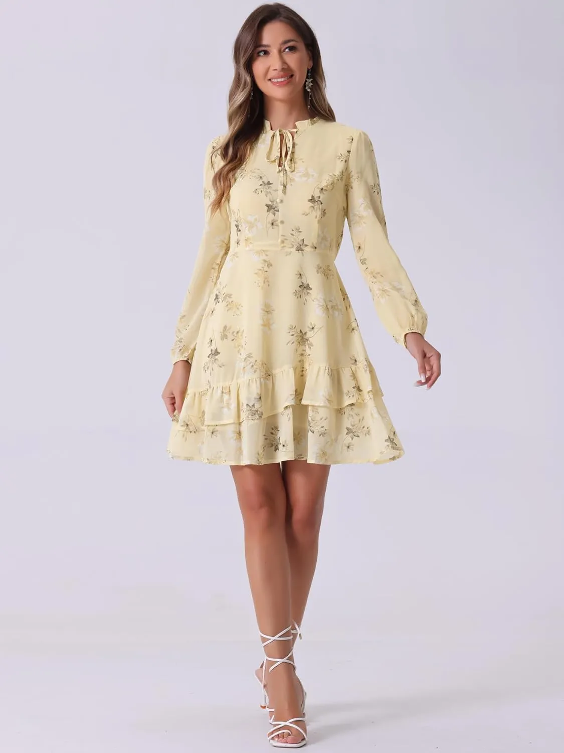 Allegra K Women's Summer Dresses 2025 Floral Tie V Neck Semi Sheer Long Sleeve Layered Tiered Chiffon Mini Dress