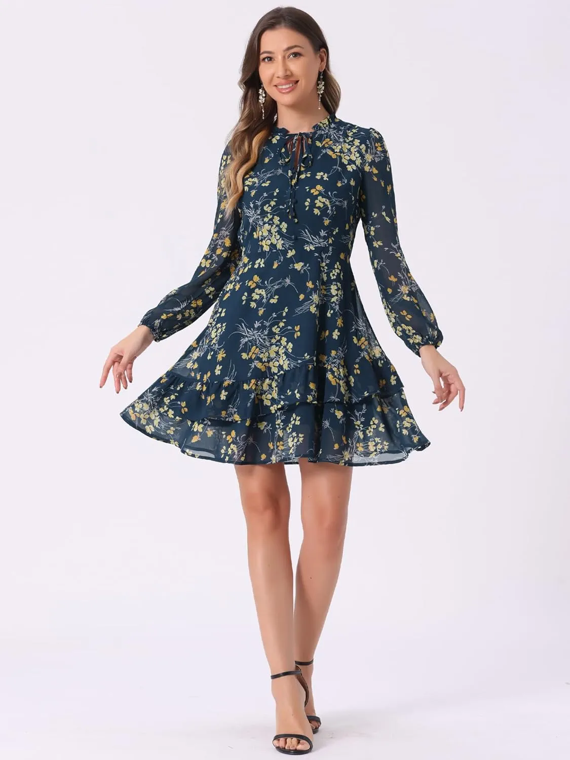 Allegra K Women's Summer Dresses 2025 Floral Tie V Neck Semi Sheer Long Sleeve Layered Tiered Chiffon Mini Dress
