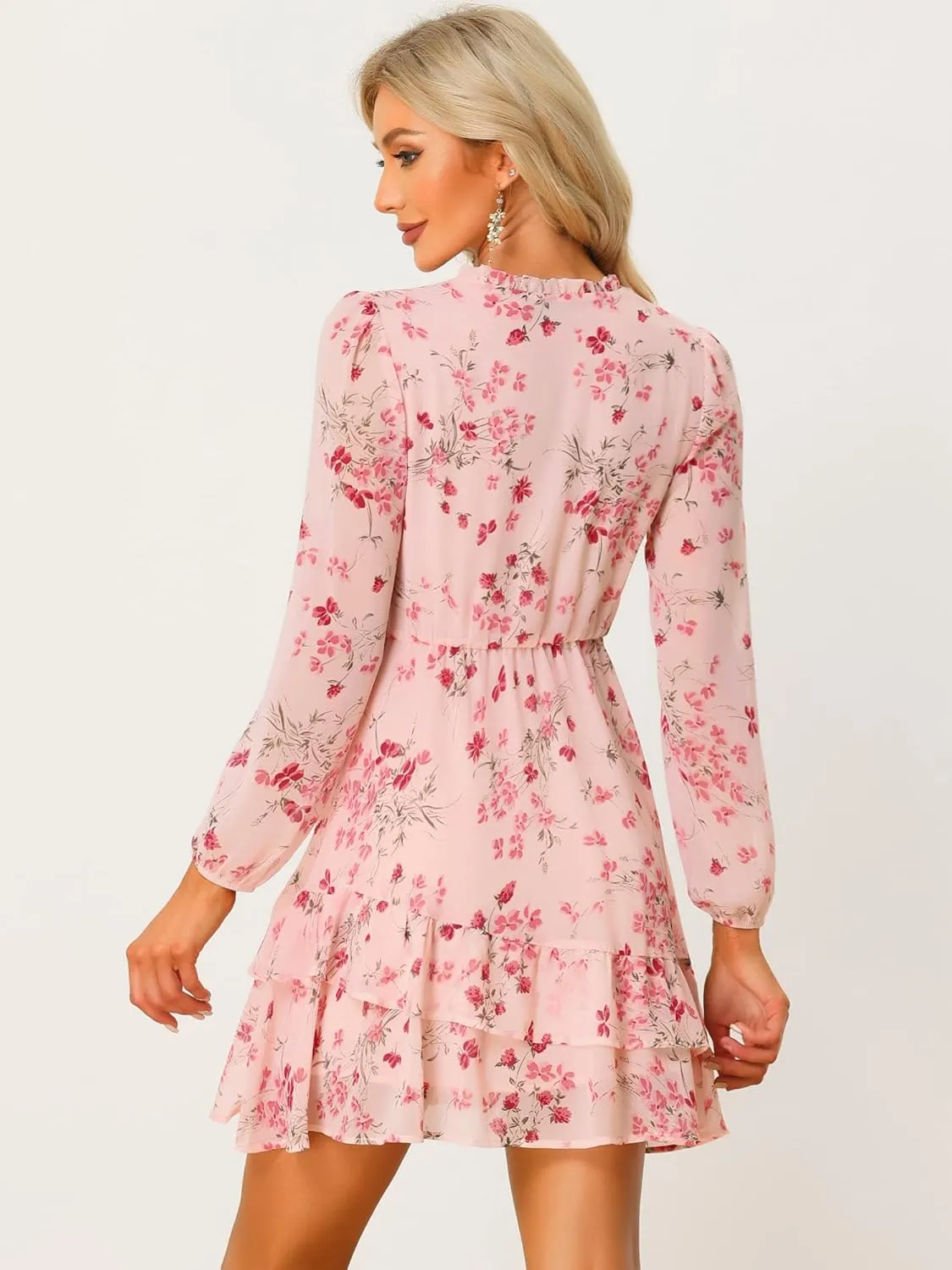 Allegra K Women's Summer Dresses 2025 Floral Tie V Neck Semi Sheer Long Sleeve Layered Tiered Chiffon Mini Dress