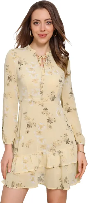 Allegra K Women's Summer Dresses 2025 Floral Tie V Neck Semi Sheer Long Sleeve Layered Tiered Chiffon Mini Dress