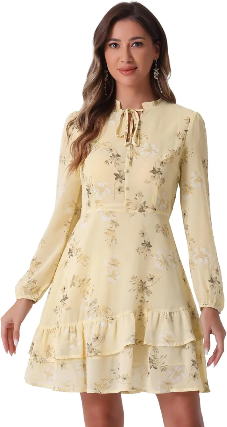 Allegra K Women's Summer Dresses 2025 Floral Tie V Neck Semi Sheer Long Sleeve Layered Tiered Chiffon Mini Dress