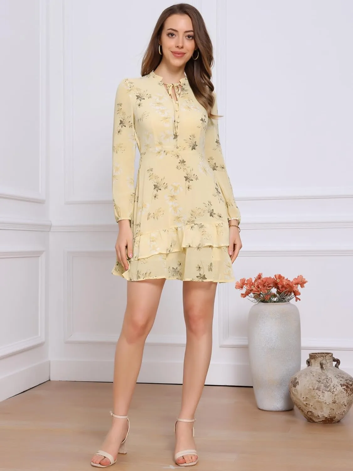 Allegra K Women's Summer Dresses 2025 Floral Tie V Neck Semi Sheer Long Sleeve Layered Tiered Chiffon Mini Dress