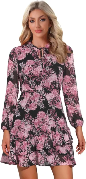 Allegra K Women's Summer Dresses 2025 Floral Tie V Neck Semi Sheer Long Sleeve Layered Tiered Chiffon Mini Dress