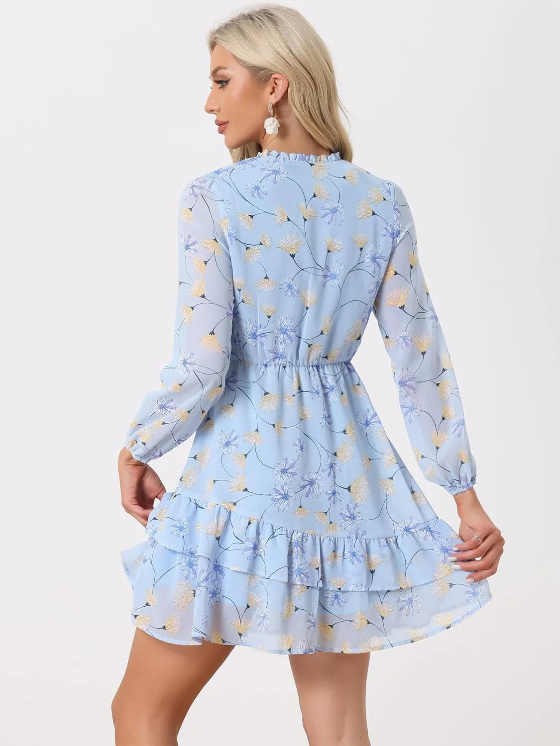 Allegra K Women's Summer Dresses 2025 Floral Tie V Neck Semi Sheer Long Sleeve Layered Tiered Chiffon Mini Dress