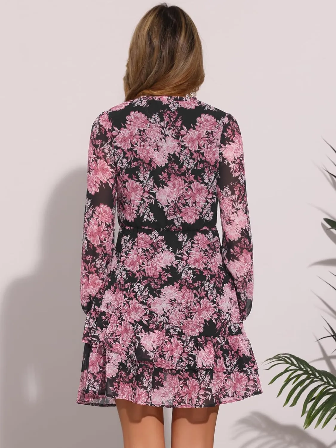 Allegra K Women's Summer Dresses 2025 Floral Tie V Neck Semi Sheer Long Sleeve Layered Tiered Chiffon Mini Dress