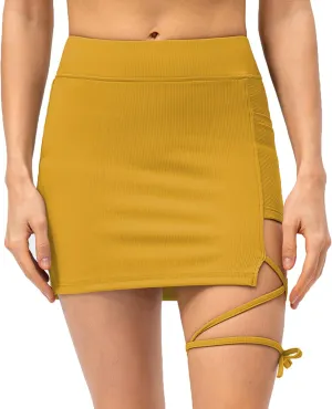 Amxiway Women's Black Skort Athletic Tennis Skirts with Shorts Slit Workout Golf Bodycon Asymmetrical Straps Mini Skorts