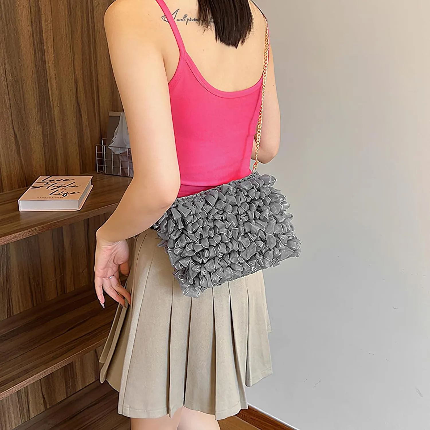 ANUFER Women's Braided Shoulder Bag Organza Pleated Summer Bag with Chain Strap