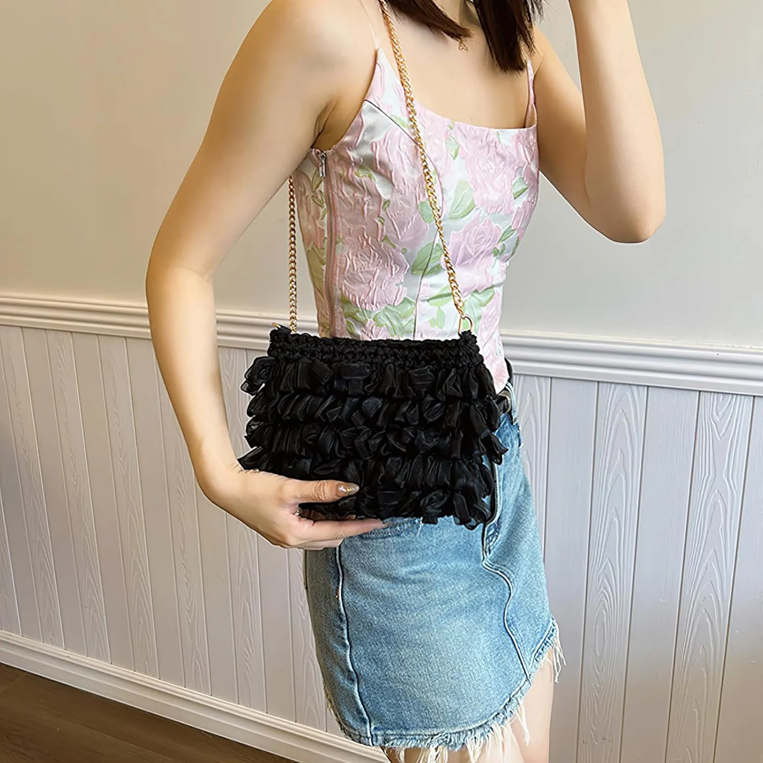 ANUFER Women's Braided Shoulder Bag Organza Pleated Summer Bag with Chain Strap