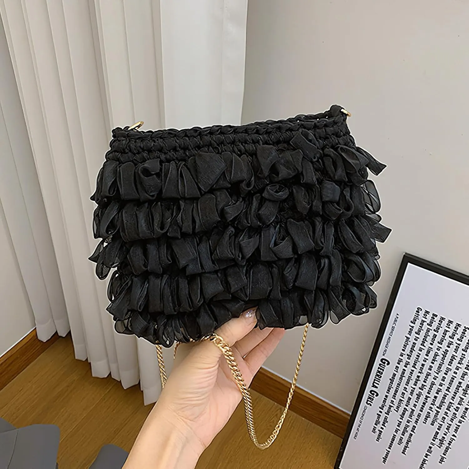 ANUFER Women's Braided Shoulder Bag Organza Pleated Summer Bag with Chain Strap