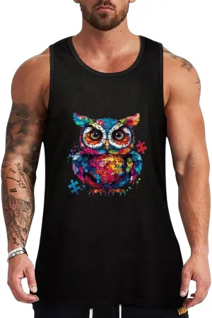 Autism Awareness Owl Mens Tank Top Cotton Undershirt Crewneck Sleeveless Shirt for Summer