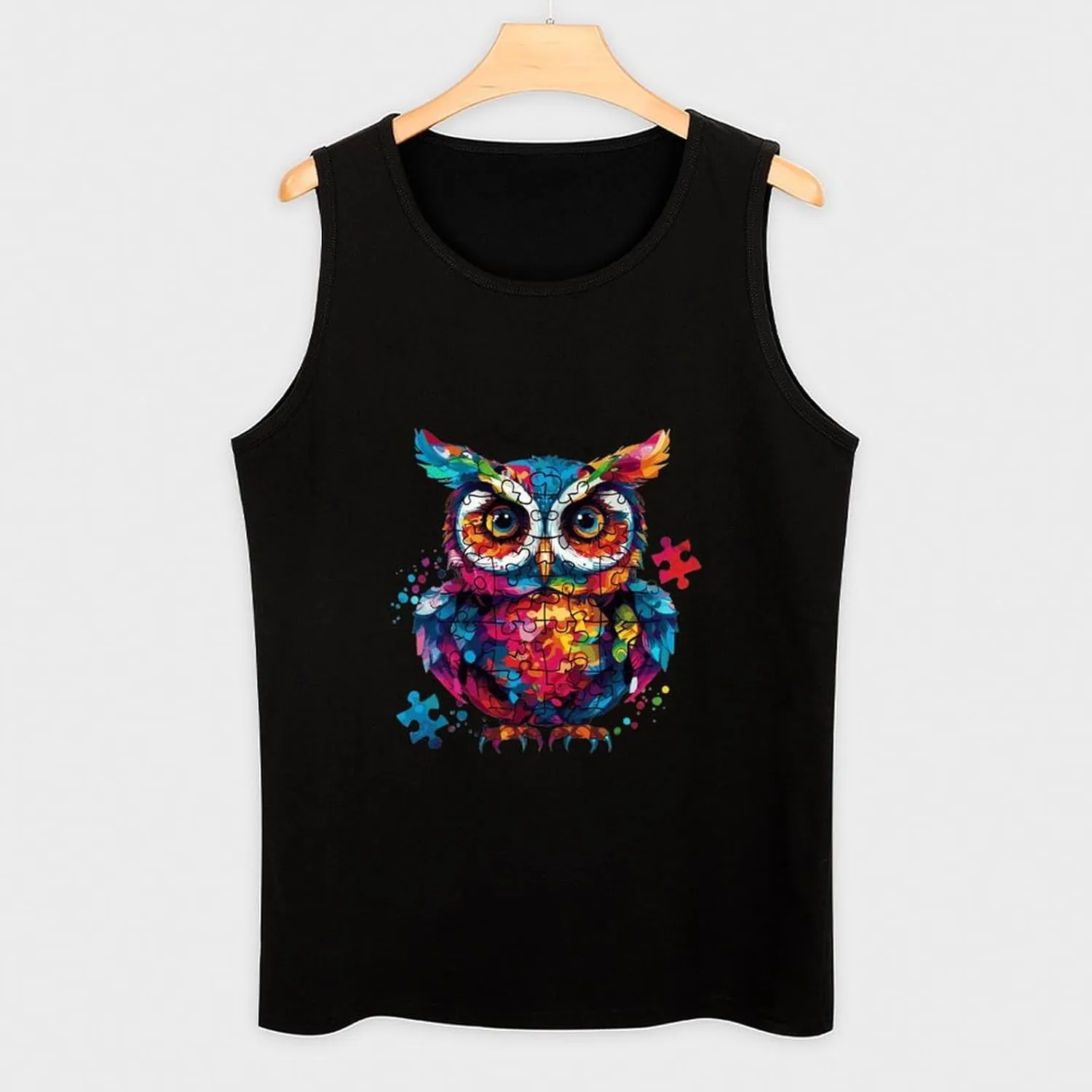 Autism Awareness Owl Mens Tank Top Cotton Undershirt Crewneck Sleeveless Shirt for Summer