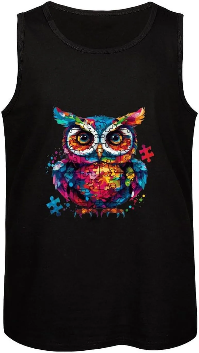 Autism Awareness Owl Mens Tank Top Cotton Undershirt Crewneck Sleeveless Shirt for Summer