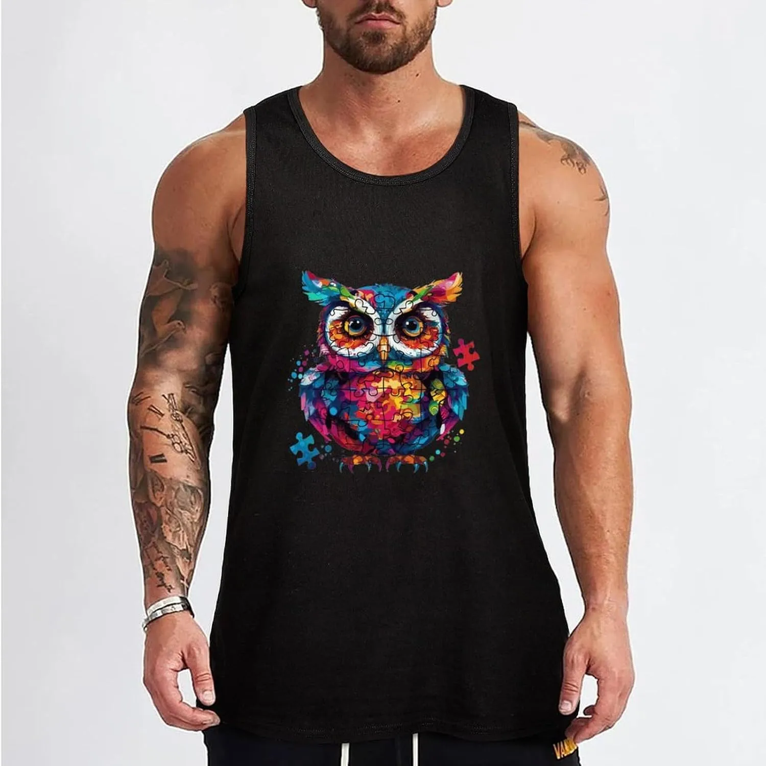 Autism Awareness Owl Mens Tank Top Cotton Undershirt Crewneck Sleeveless Shirt for Summer