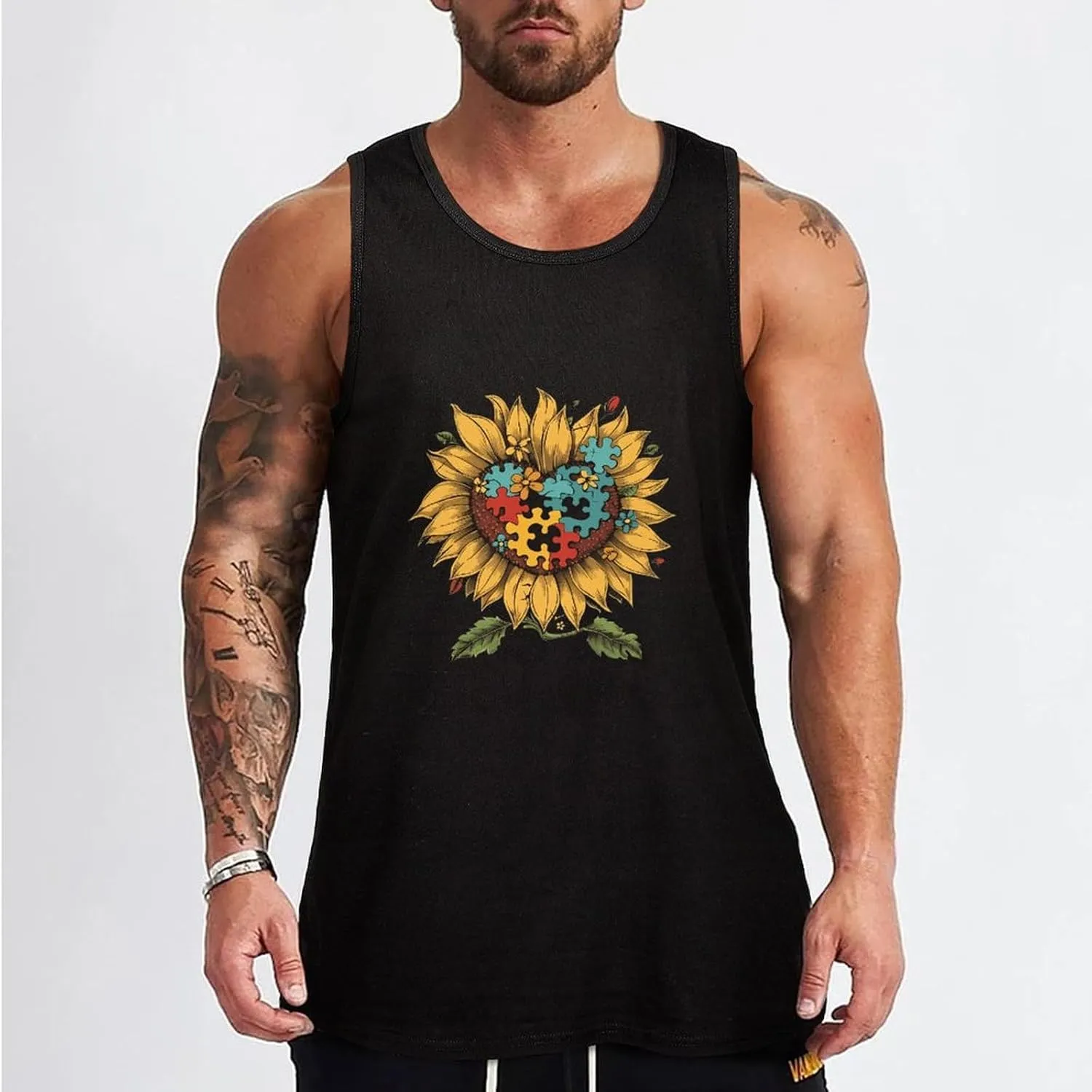 Autism Awareness Sunflowers Mens Tank Top Cotton Undershirt Crewneck Sleeveless Shirt for Summer