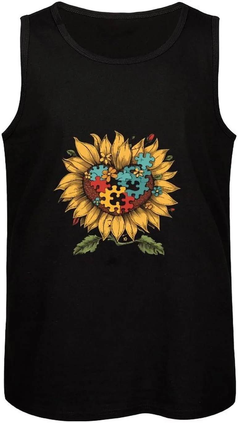 Autism Awareness Sunflowers Mens Tank Top Cotton Undershirt Crewneck Sleeveless Shirt for Summer