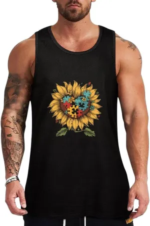 Autism Awareness Sunflowers Mens Tank Top Cotton Undershirt Crewneck Sleeveless Shirt for Summer