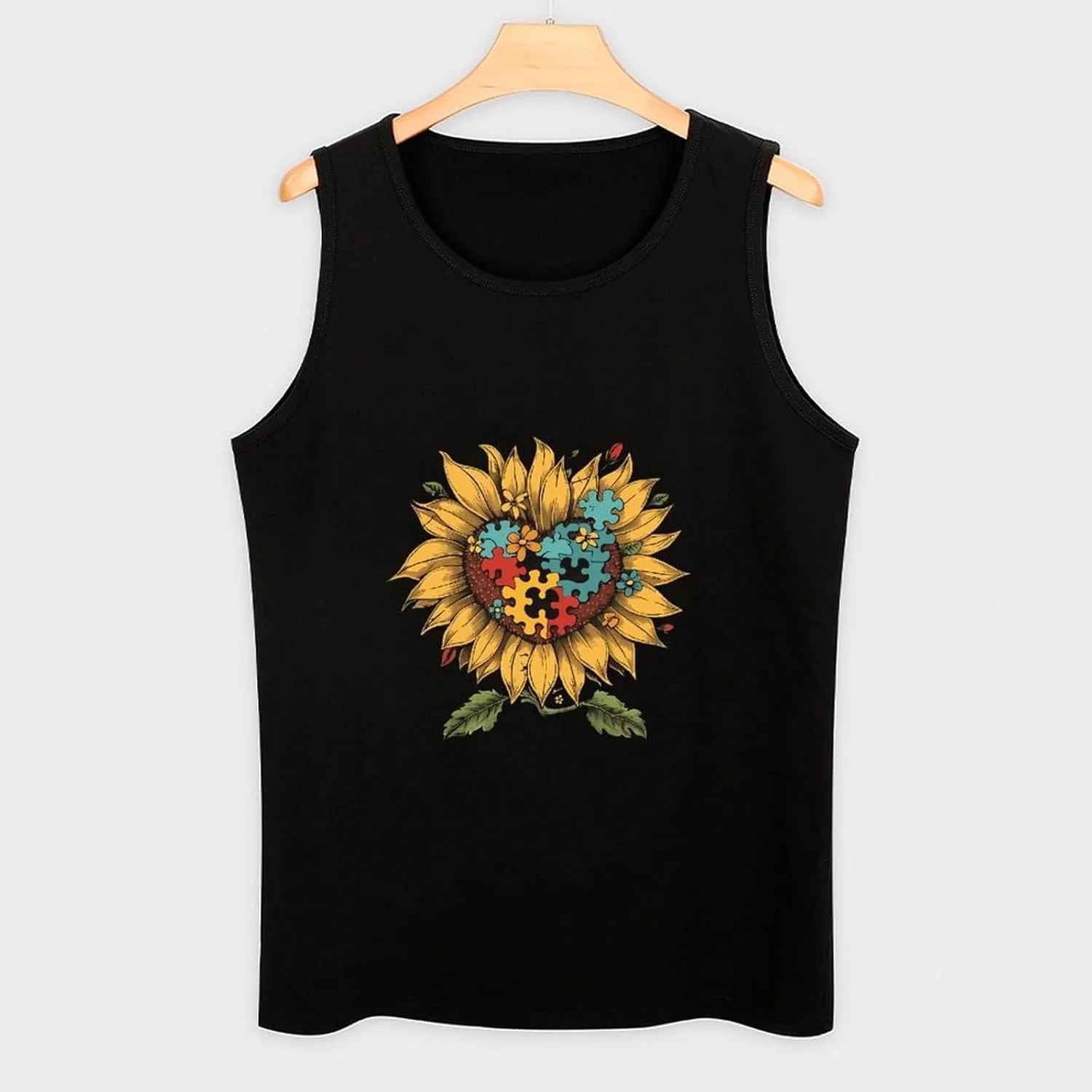 Autism Awareness Sunflowers Mens Tank Top Cotton Undershirt Crewneck Sleeveless Shirt for Summer