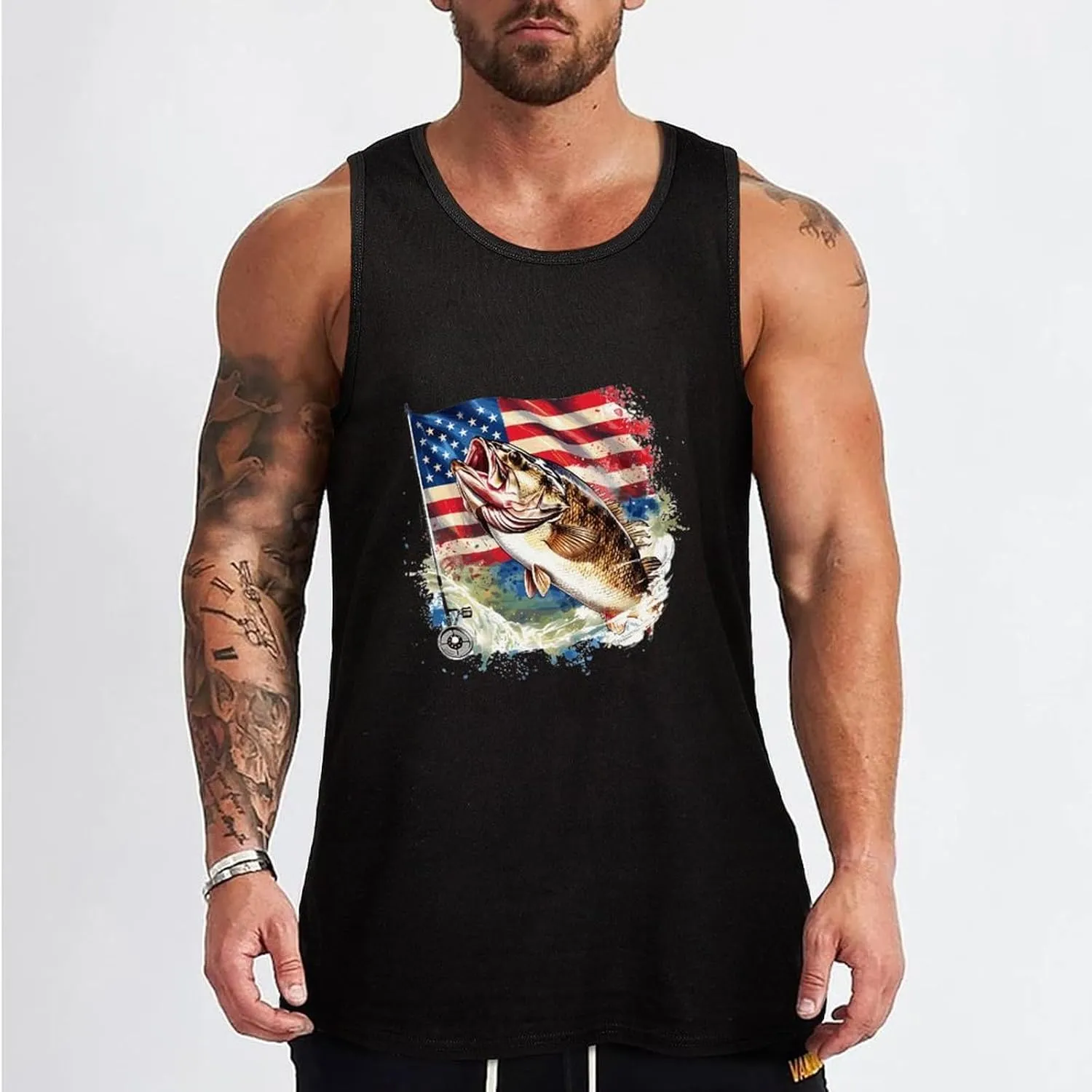 Big Bass Fish U.S. Flag Mens Tank Top Cotton Undershirt Crewneck Sleeveless Shirt for Summer
