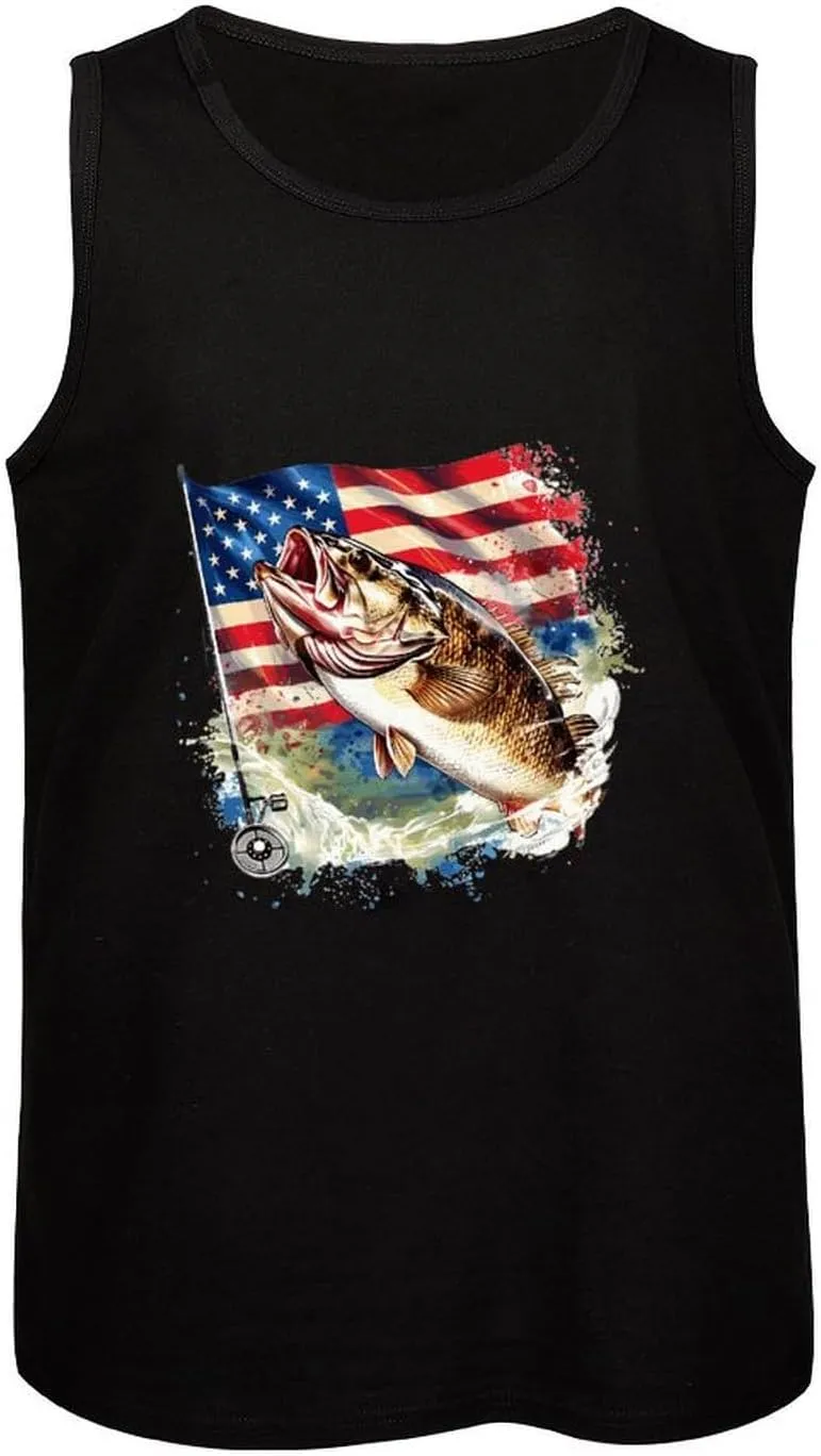 Big Bass Fish U.S. Flag Mens Tank Top Cotton Undershirt Crewneck Sleeveless Shirt for Summer