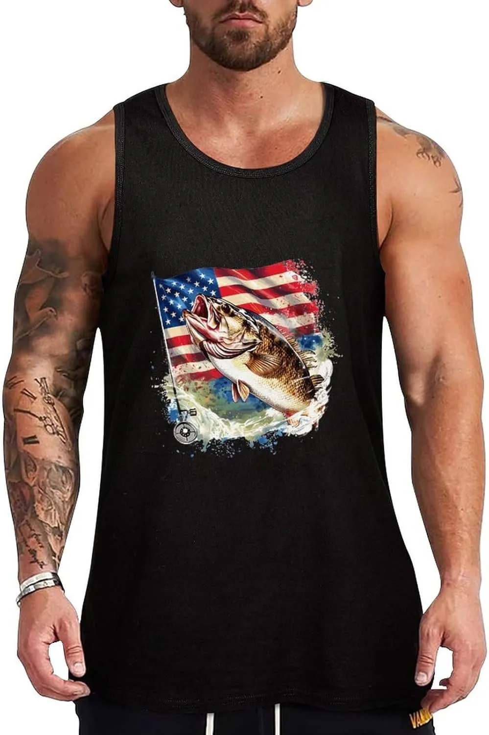 Big Bass Fish U.S. Flag Mens Tank Top Cotton Undershirt Crewneck Sleeveless Shirt for Summer