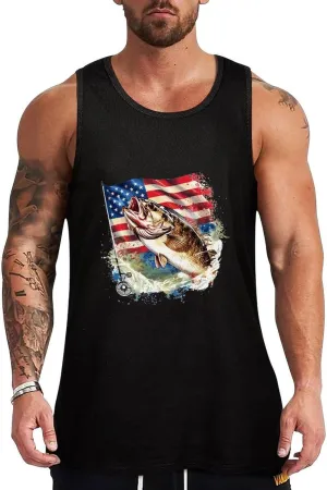 Big Bass Fish U.S. Flag Mens Tank Top Cotton Undershirt Crewneck Sleeveless Shirt for Summer