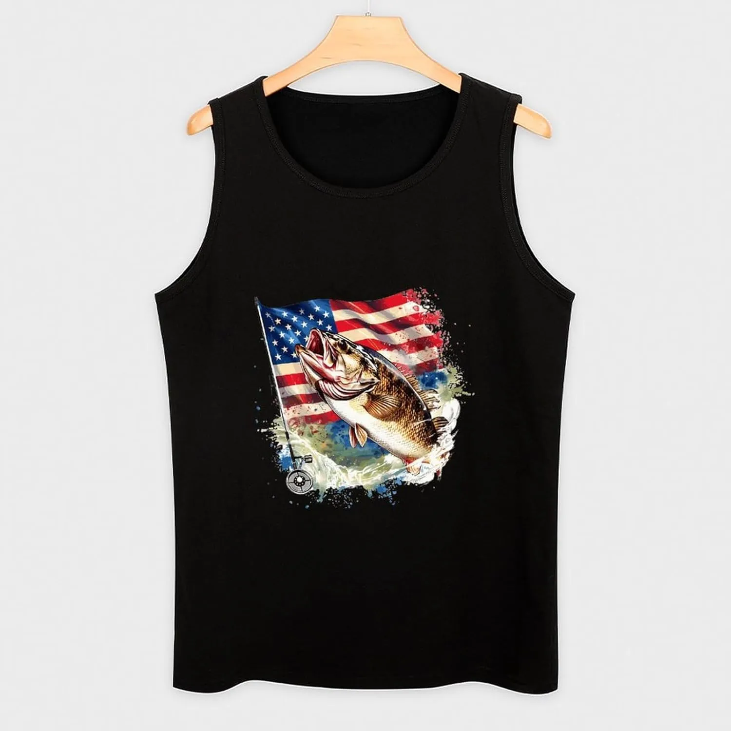 Big Bass Fish U.S. Flag Mens Tank Top Cotton Undershirt Crewneck Sleeveless Shirt for Summer