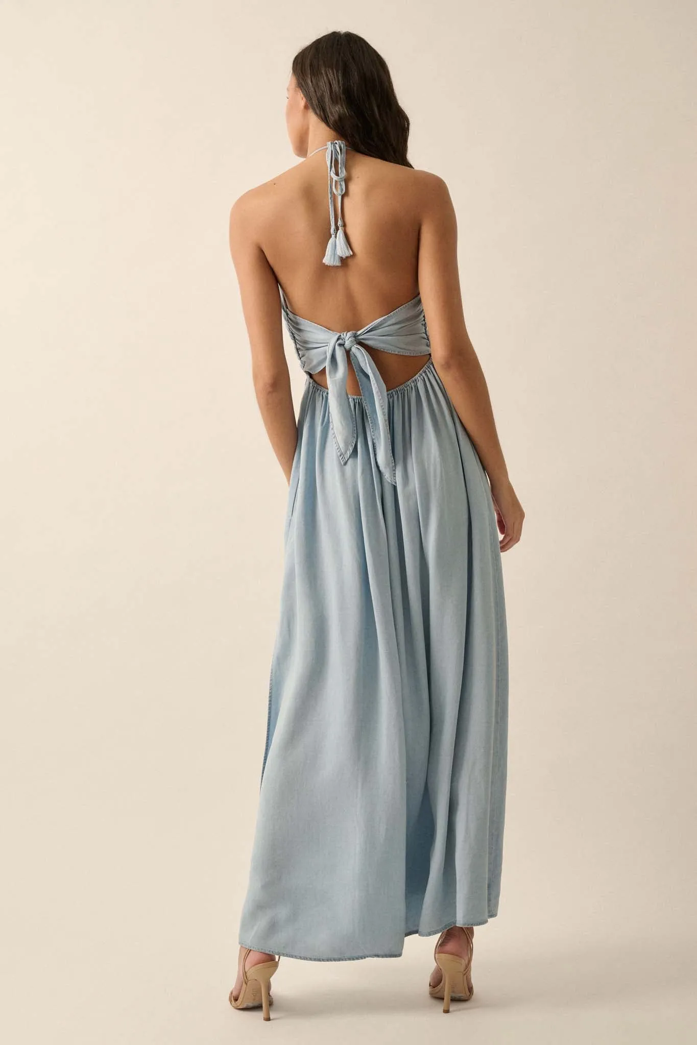 Blue Bayou Denim Halter Maxi Dress