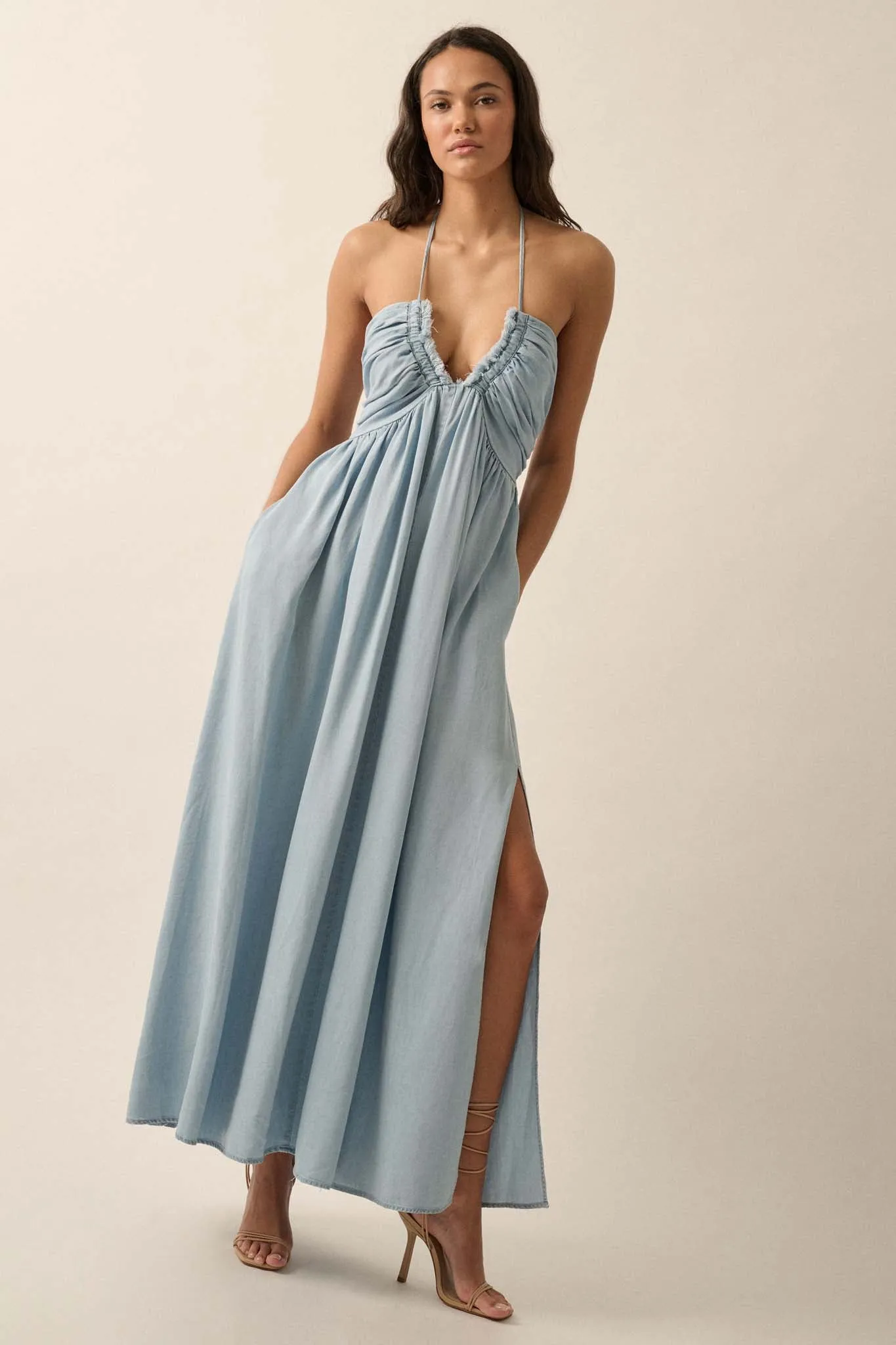 Blue Bayou Denim Halter Maxi Dress