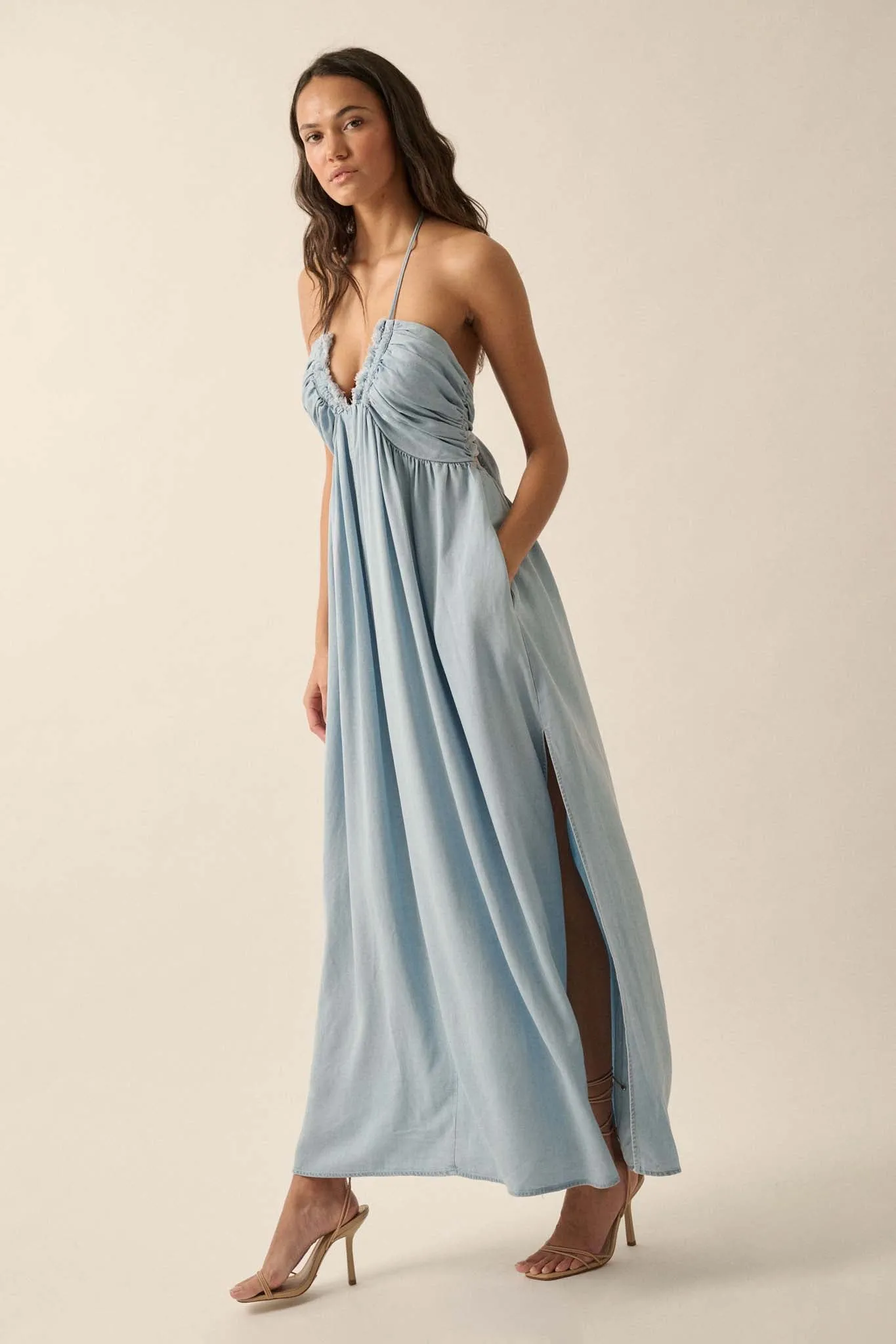 Blue Bayou Denim Halter Maxi Dress