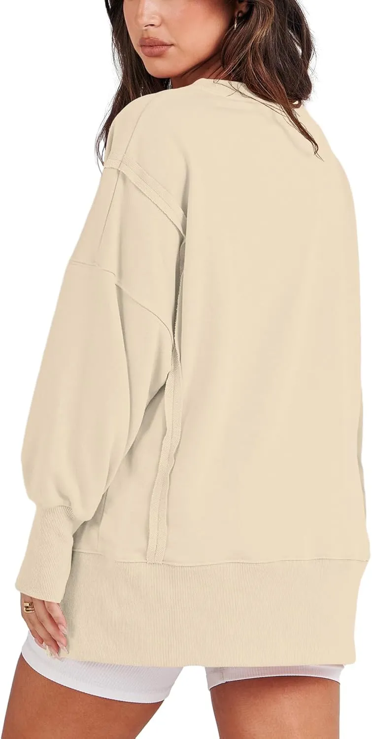 Bornpom Oversized Sweatshirt Crewneck Sweatshirts Long Sleeve Shirts Slit Pullover Top Solid Color Preppy Clothes