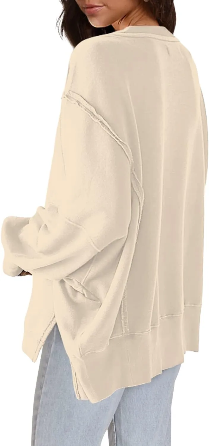 Bornpom Oversized Sweatshirt Crewneck Sweatshirts Long Sleeve Shirts Slit Pullover Top Solid Color Preppy Clothes