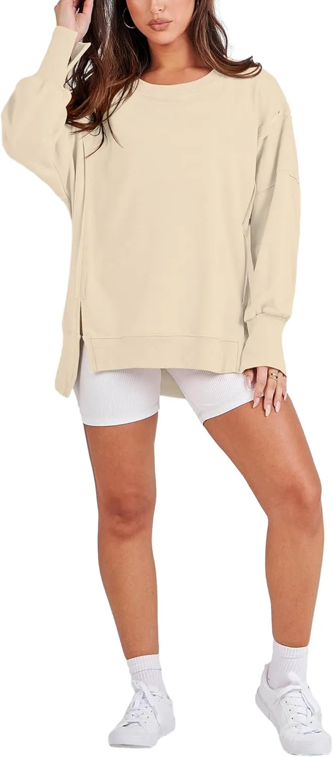 Bornpom Oversized Sweatshirt Crewneck Sweatshirts Long Sleeve Shirts Slit Pullover Top Solid Color Preppy Clothes