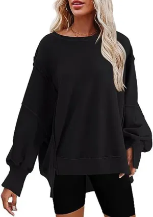 Bornpom Oversized Sweatshirt Crewneck Sweatshirts Long Sleeve Shirts Slit Pullover Top Solid Color Preppy Clothes
