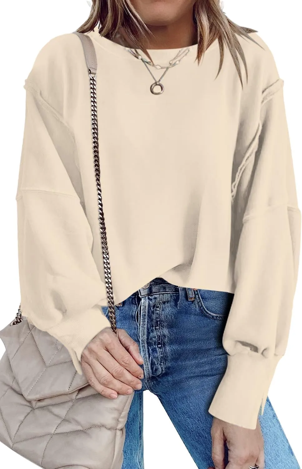 Bornpom Oversized Sweatshirt Crewneck Sweatshirts Long Sleeve Shirts Slit Pullover Top Solid Color Preppy Clothes