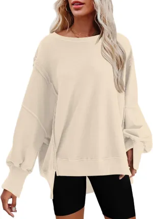 Bornpom Oversized Sweatshirt Crewneck Sweatshirts Long Sleeve Shirts Slit Pullover Top Solid Color Preppy Clothes