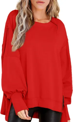 Bornpom Oversized Sweatshirt Crewneck Sweatshirts Long Sleeve Shirts Slit Pullover Top Solid Color Preppy Clothes