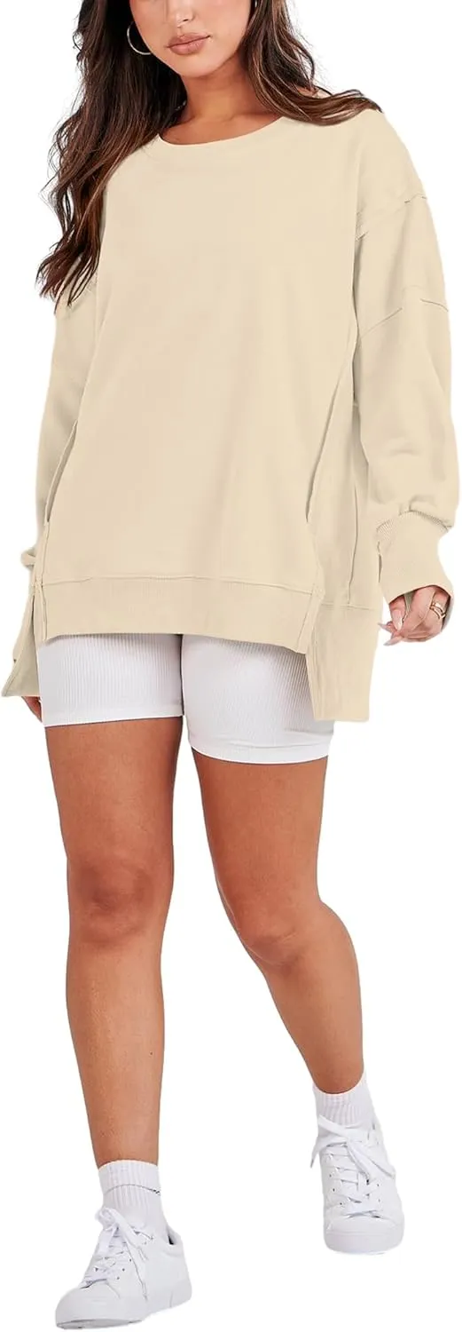 Bornpom Oversized Sweatshirt Crewneck Sweatshirts Long Sleeve Shirts Slit Pullover Top Solid Color Preppy Clothes