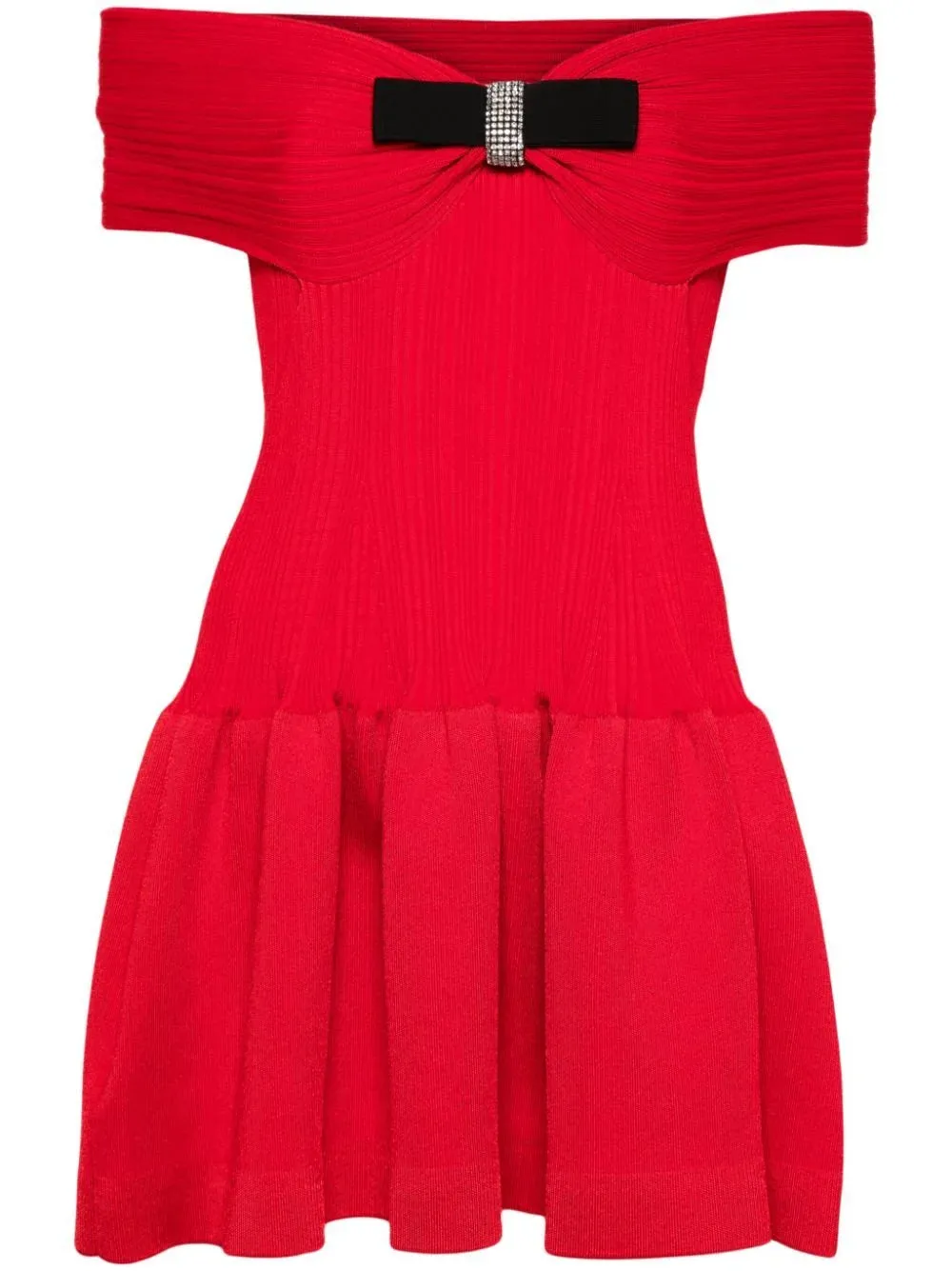 Bow-Detail Red Knit Off-Shoulder Mini Dress
