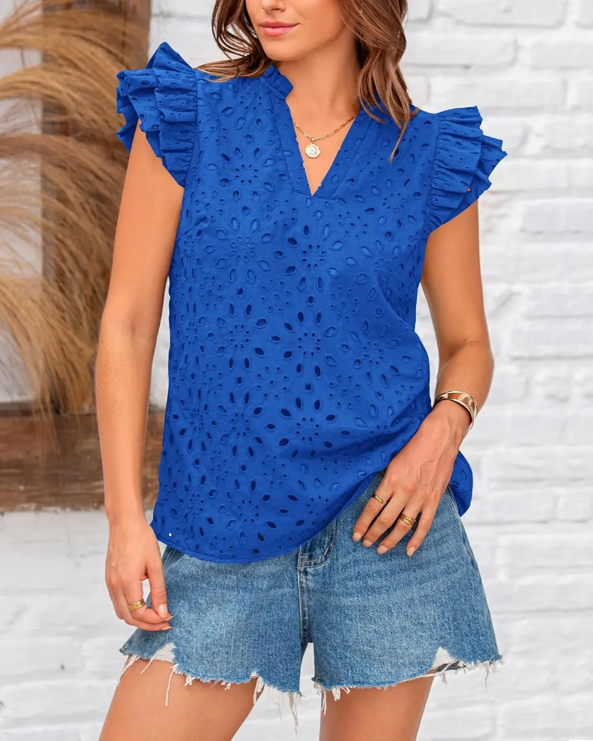 BTFBM Women Summer Eyelet Tops Dressy Casual V Neck Ruffle Cap Sleeve Cotton Boho Shirts Lace Embroidered Blouses 2025