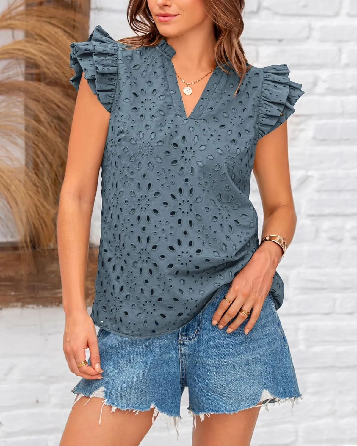 BTFBM Women Summer Eyelet Tops Dressy Casual V Neck Ruffle Cap Sleeve Cotton Boho Shirts Lace Embroidered Blouses 2025