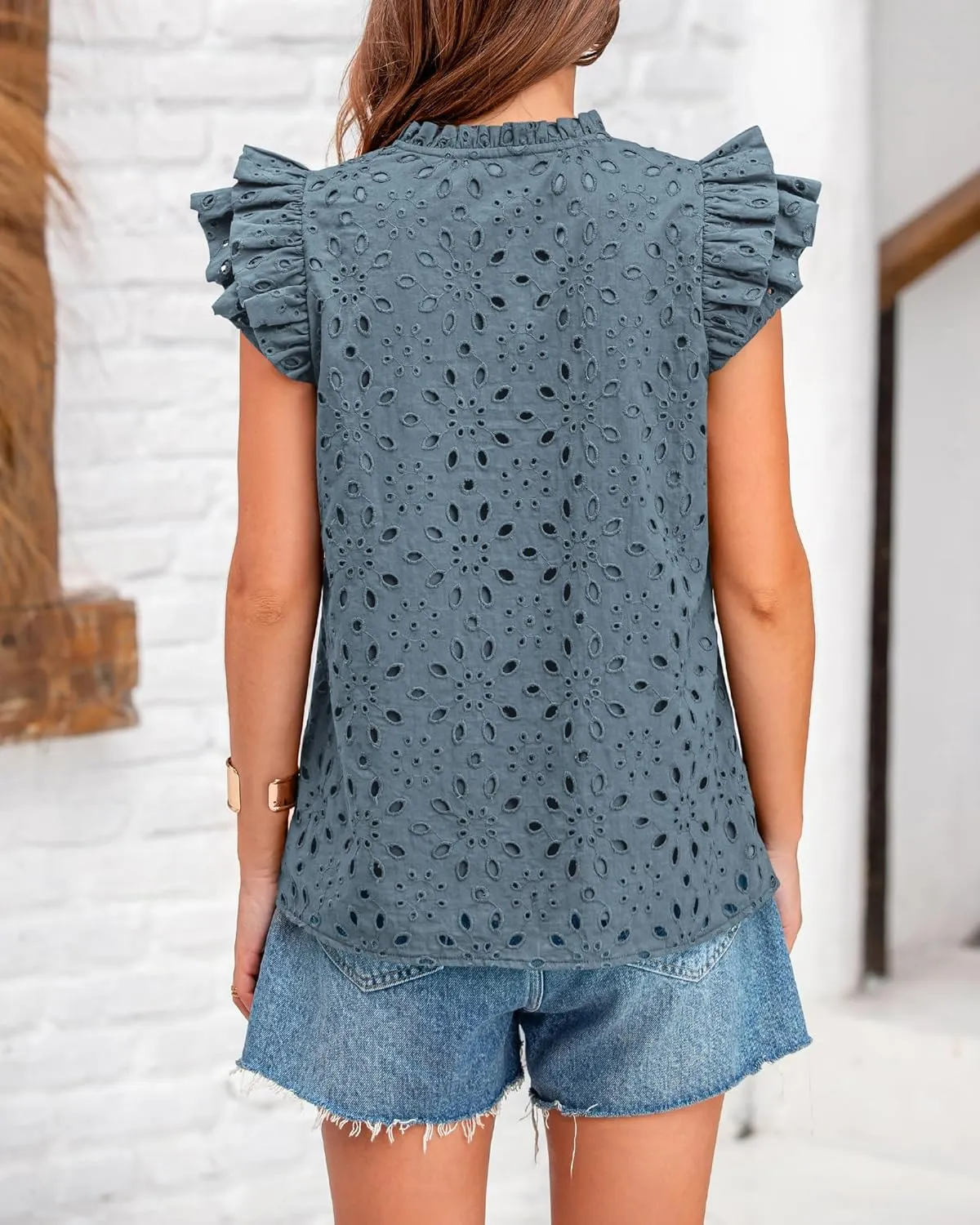 BTFBM Women Summer Eyelet Tops Dressy Casual V Neck Ruffle Cap Sleeve Cotton Boho Shirts Lace Embroidered Blouses 2025