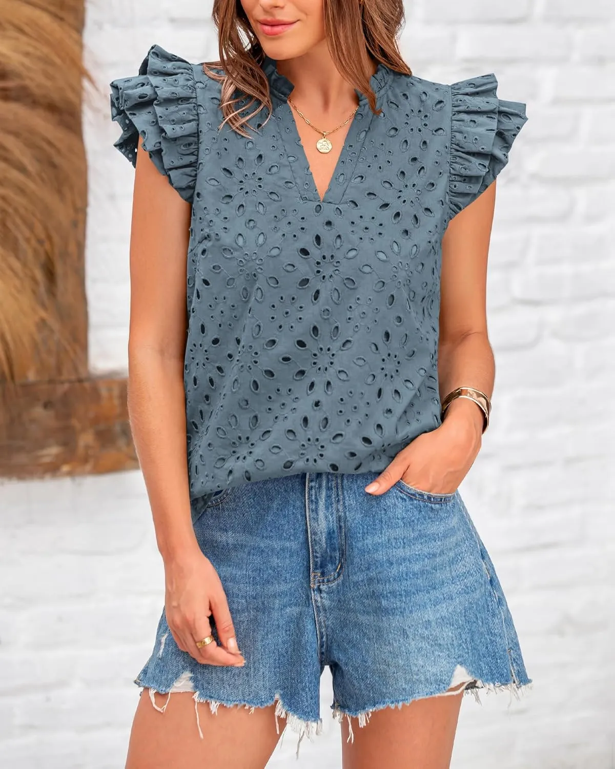 BTFBM Women Summer Eyelet Tops Dressy Casual V Neck Ruffle Cap Sleeve Cotton Boho Shirts Lace Embroidered Blouses 2025