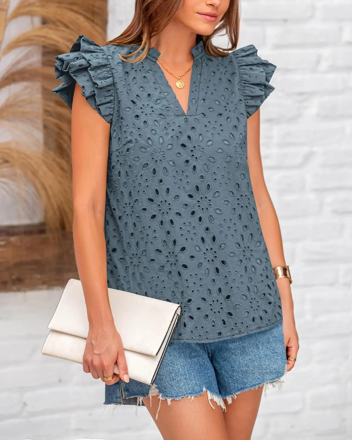 BTFBM Women Summer Eyelet Tops Dressy Casual V Neck Ruffle Cap Sleeve Cotton Boho Shirts Lace Embroidered Blouses 2025