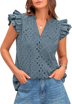 BTFBM Women Summer Eyelet Tops Dressy Casual V Neck Ruffle Cap Sleeve Cotton Boho Shirts Lace Embroidered Blouses 2025